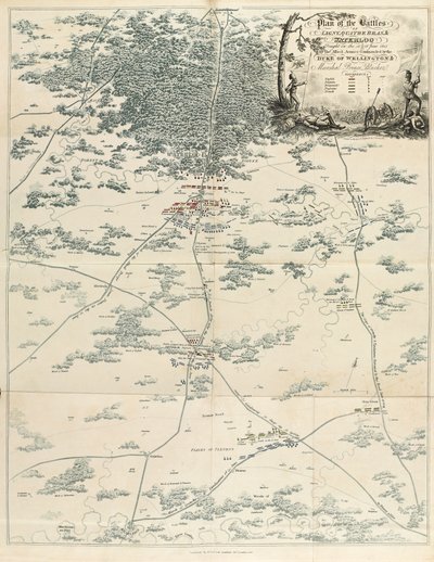 Plan des batailles de Ligny, Quatre Bras et Waterloo combattues les 16 et 18 juin 1815 par les armées alliées commandées par le duc de Wellington et le maréchal prince Blücher, de 